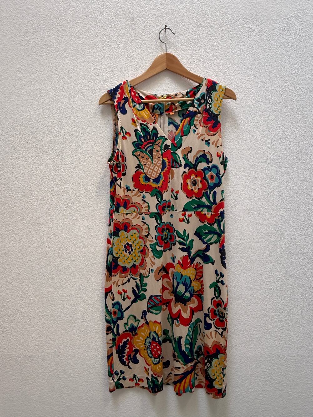 Tory Burch Silk Jersey Floral Dress Size L V-Neck Sleeveless Print Knee Length